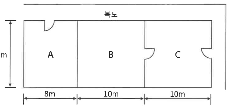 복도에 면한 거실 A(8 m × 10 m), B(10 m × 10 m), C(10 m × 10 m)